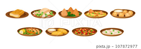 Brazilian Cuisine Dishes and Food Served on Plate Vector Set Brazilian Cuisine Dishes and Food Served on Plate Vector Set 107872977