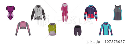 Woman Sportswear for Training and Workout Vector Set Woman Sportswear for Training and Workout Vector Set 107873027