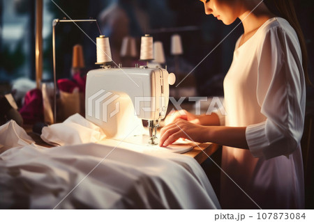 Fashionista Woman Seamstress at Work with Sewing Machine 107873084