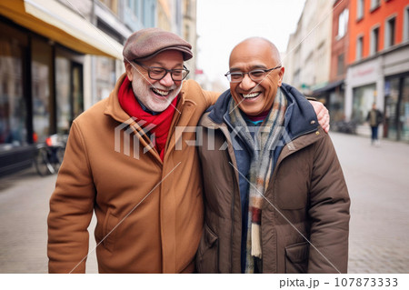 Diverse Senior Gay Pair Embracing Urban Adventures 107873333