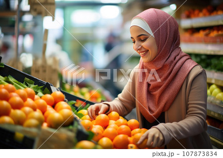 Muslim Woman Sorting Fresh Produce at the Market Muslim Woman Sorting Fresh Produce at the Market 107873834