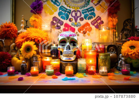 Vibrant Day of the Dead Offering with Sugar Skulls 107873880