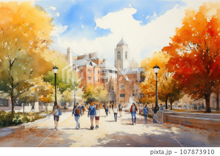 Vibrant Watercolor University Scene 107873910