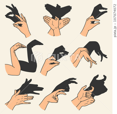 Hands gestures shadow set. Gaming animal puppets from hands. Light shade imagination ingenious. Hand play theatrical puppet. Vector cartoon illustration 107874072