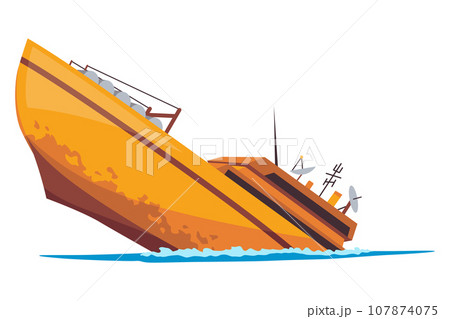 Damaged ship. Crash or accident in sea. Marine catastrophe. Cargo ship sinking in flat design. Vessel failure, rescue problem nautical transportation 107874075