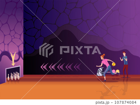 People playing in bowling club side view. Woman and man playing bowling in hall with alley. Girls enjoy of game. Players entertainment activity. Friends on rest. Vector illustration background 107874084