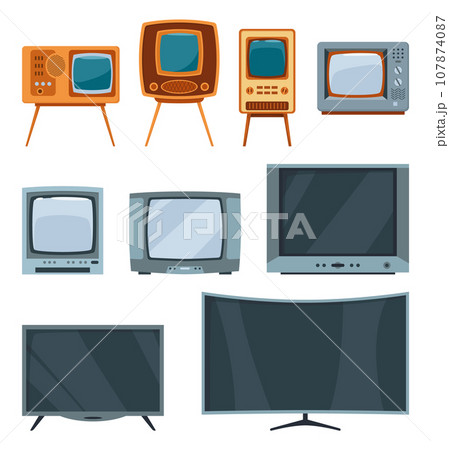 Tv set evolution. Communication system progress, old or retro and modern receivers. History, technology concept, cartoon TV icon. Isolated vector illustration 107874087