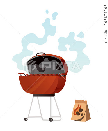 Backyard bbq grill design element. Smoking charcoal grill. Home backyard barbecue equipment. Vector cartoon illustration Backyard bbq grill design element. Smoking charcoal grill. Home backyard barbecue equipment. Vector cartoon illustration 107874107