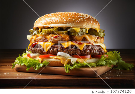 Fresh Cooked Delicious Double Cheeseburger with all the Fixings. Generative AI. 107874126