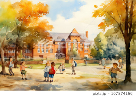 Watercolor Schoolyard with Kids and Teachers 107874166