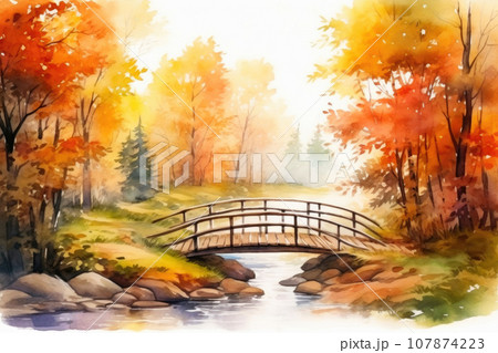 Rustic Bridge in the Heart of Autumn 107874223
