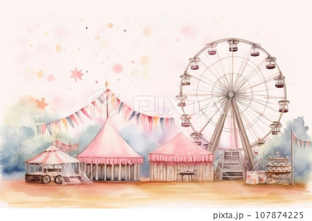 Whimsical Watercolor County Fair Scene Whimsical Watercolor County Fair Scene 107874225