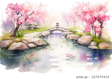Peaceful Watercolor Landscape: Zen Garden 107874424