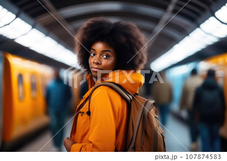 City Commute: Young Black Traveler on Subway Platform 107874583