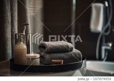 Relax and unwind with this organic bathroom decor set, featuring soft towels, scented candles, and wooden table. AI Generative. 107874858