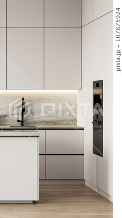 Modern nature style white kitchen interior design. Horizontal banner panoramic background. 3d rendering. High quality 3d illustration 107875024