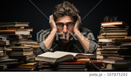 A man sitting in front of a pile of books, AI 107875202