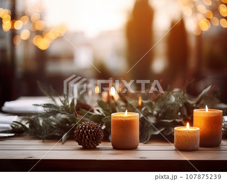 Winter holiday season festive dining table decoration with candles and beautiful tableware, elegant table decor 107875239