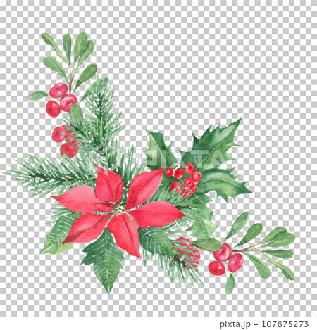 Christmas bouquet, corner. Forest pine branches, Holly plant with red berries, poinsettia, cowberry, lingonberry. Symbols of the New year and Christmas. Watercolor hand painted illustration isolated 107875273