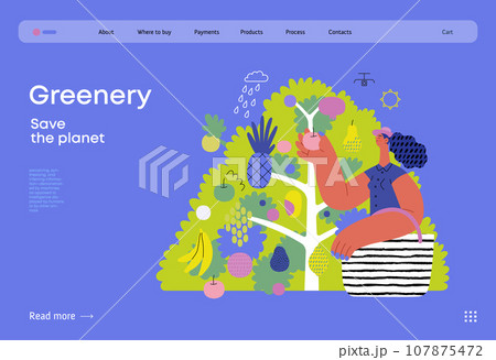 Greenery, ecology -modern flat vector concept illustration of a woman gathering fruit from the 40 fruit tree. Metaphor of environmental sustainability and protection, closeness to nature 107875472