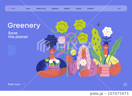 Greenery, ecology -modern flat vector concept illustration of people surrounded by plants and flowers. Metaphor of environmental sustainability and protection, closeness to nature Greenery, ecology -modern flat vector concept illustration of people surrounded by plants and flowers. Metaphor of environmental sustainability and protection, closeness to nature 107875473