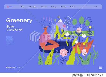 Greenery, ecology -modern flat vector concept illustration of a man sitting in the landscape with river and waterfall. Metaphor of environmental sustainability and protection, closeness to nature 107875474