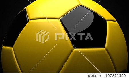 Yellow soccer ball on black background. 107875500