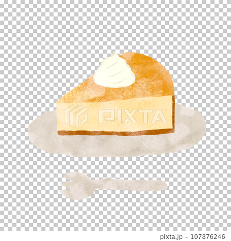 Hand-drawn illustration of cheesecake with whipped cream, plate and fork set, textured 107876246