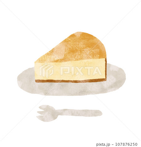 手描き チーズケーキのイラスト お皿とフォークのセット テクスチャあり 手描き チーズケーキのイラスト お皿とフォークのセット テクスチャあり 107876250