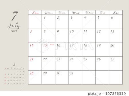 2024年 7月 おしゃれ書き込みカレンダー 107876339