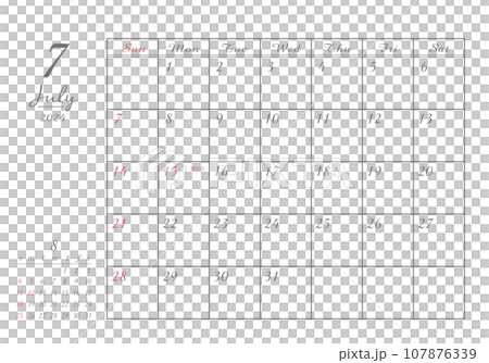 2024年 7月 おしゃれ書き込みカレンダー 107876339