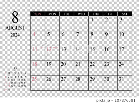 2024年 8月 シンプル書き込みカレンダー 107876381