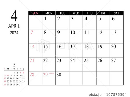 2024年 4月 シンプル書き込みカレンダー 107876394