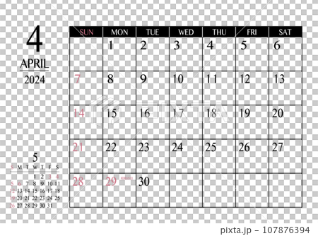 2024年 4月 シンプル書き込みカレンダー 107876394