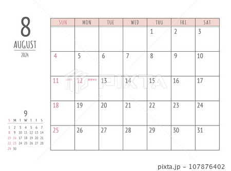 2024年 8月 シンプル書き込みカレンダー 107876402