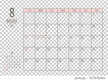 2024年 8月 シンプル書き込みカレンダー 107876402