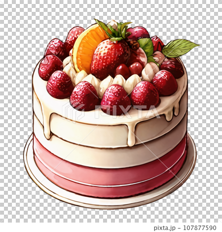 帶有鮮奶油和大量水果的蛋糕的插圖 帶有鮮奶油和大量水果的蛋糕的插圖 107877590