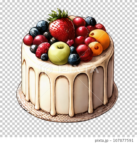 帶有鮮奶油和大量水果的蛋糕的插圖 107877591