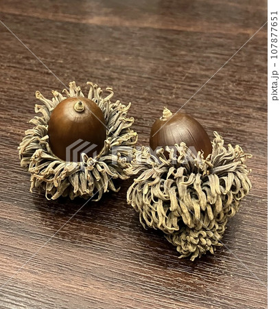 茶色い木のテーブルの上に置かれたどんぐり 茶色い木のテーブルの上に置かれたどんぐり 107877651