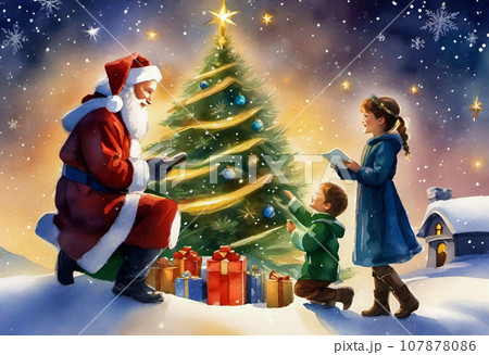 サンタと子どのたちのクリスマスイブのイラスト素材 [107878086] - PIXTA
