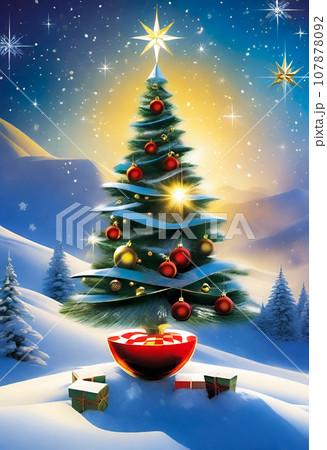 光と雪山のクリスマスツリー 光と雪山のクリスマスツリー 107878092