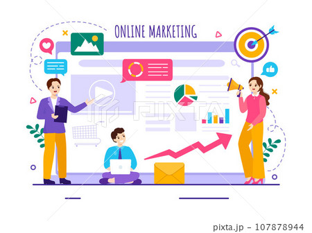 Digital Online Marketing Vector Illustration with Business Analysis, Content Strategy, Ad Targeting and Management in Flat Cartoon Background 107878944