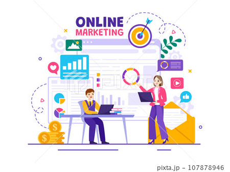 Digital Online Marketing Vector Illustration with Business Analysis, Content Strategy, Ad Targeting and Management in Flat Cartoon Background 107878946