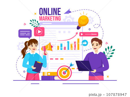 Digital Online Marketing Vector Illustration with Business Analysis, Content Strategy, Ad Targeting and Management in Flat Cartoon Background 107878947