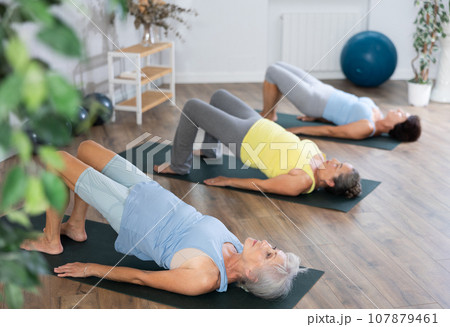 Group of elderly woman doing pilates on mat in studio 107879461
