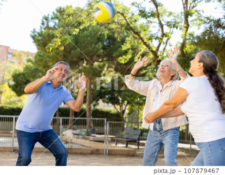 Joyful multiracial group of mature adult people playing volleyball game outdoors Joyful multiracial group of mature adult people playing volleyball game outdoors 107879467