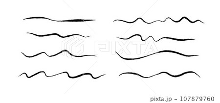 Rough jagged lines set. Grunge wavy brush strokes collection. Black underlines textured curved pen waves. Hand drawn imitation elements for banner, banner, decoration. Doodle uneven wiggles. Vector 107879760