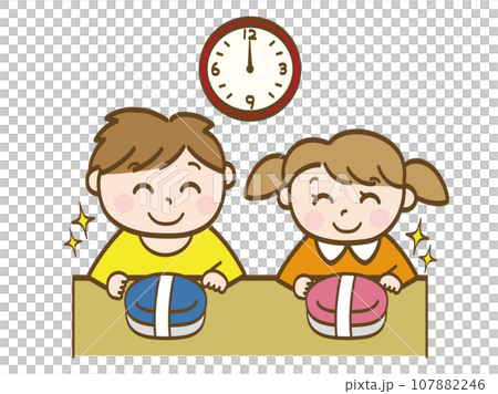 お弁当を楽しみに待つ男の子と女の子_小学生低学年_幼児 お弁当を楽しみに待つ男の子と女の子_小学生低学年_幼児 107882246