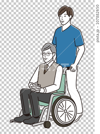 坐在輪椅上的老人和男性護理人員 107882650
