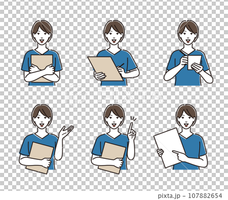 A set of common poses for women in scrubs 107882654